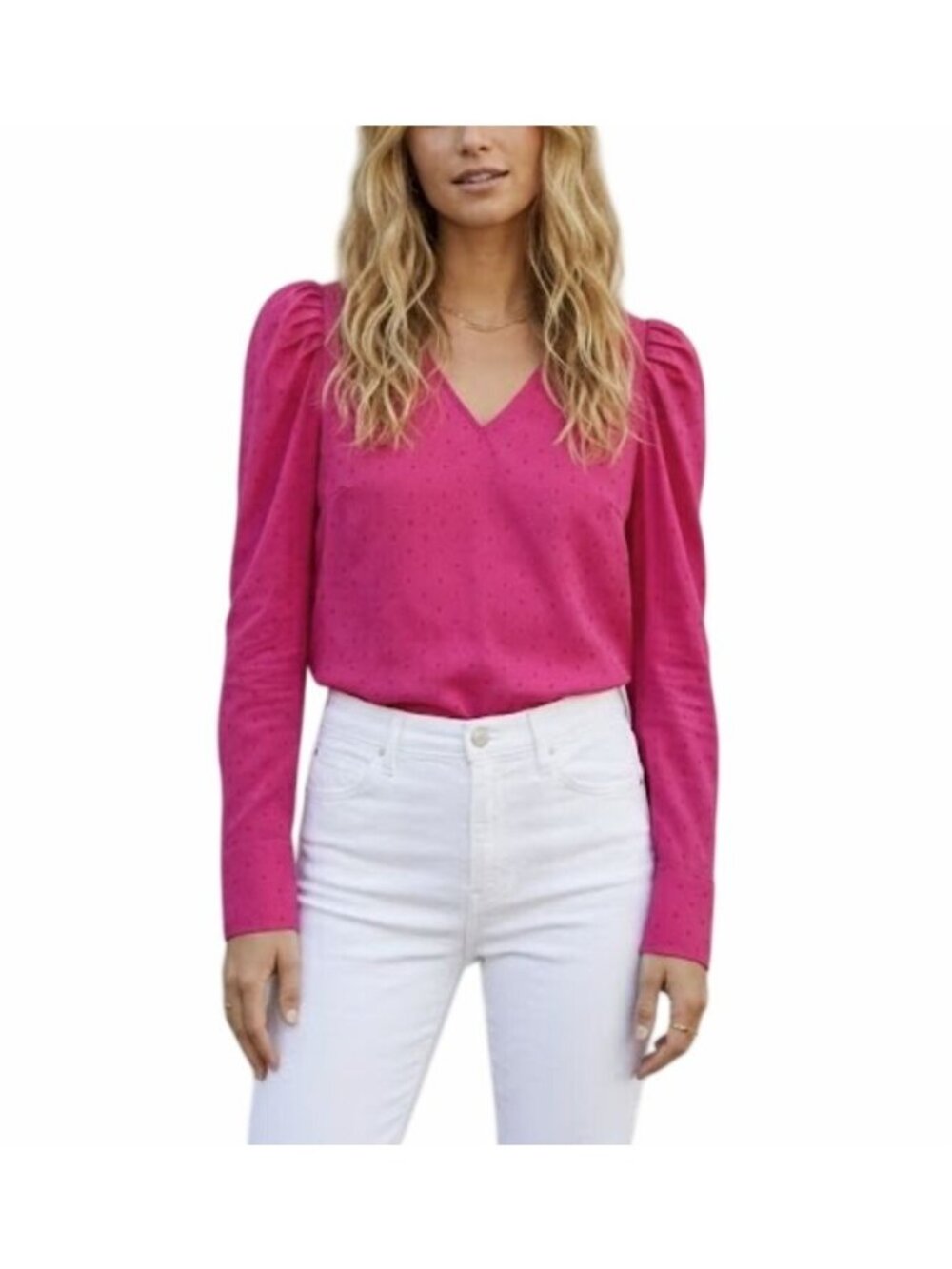⭐Banana Republic Fuchsia Pink Polka Dot Puff Long Sleeve V-Neck Blouse Sz XS NEW